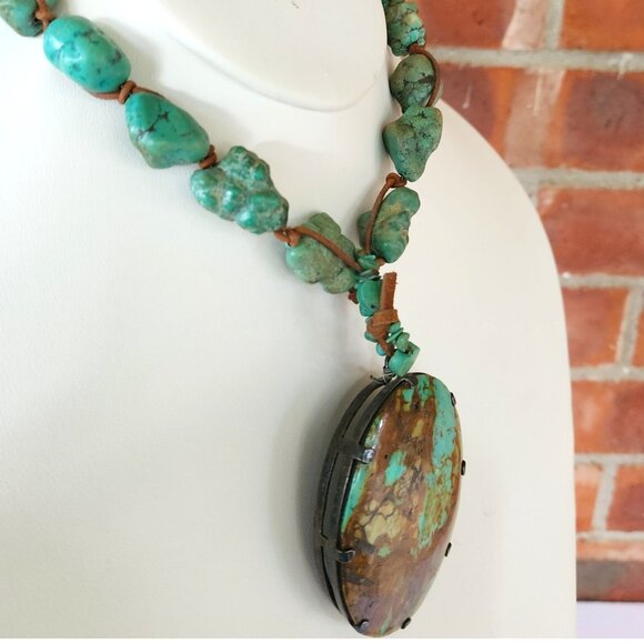 Rustic Turquoise Nugget Necklace With Large Oval Stone Pendant & Leather Cord - Picture 4 of 14